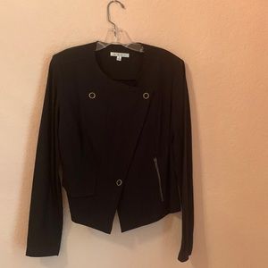 CAbi Black Ponte Knit shirt tailored jacket with snaps and zipper.